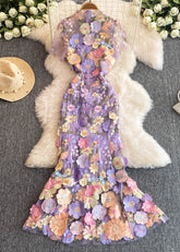 Vestidos largos de tul favorecedores con cuello redondo y rosas de moda para verano